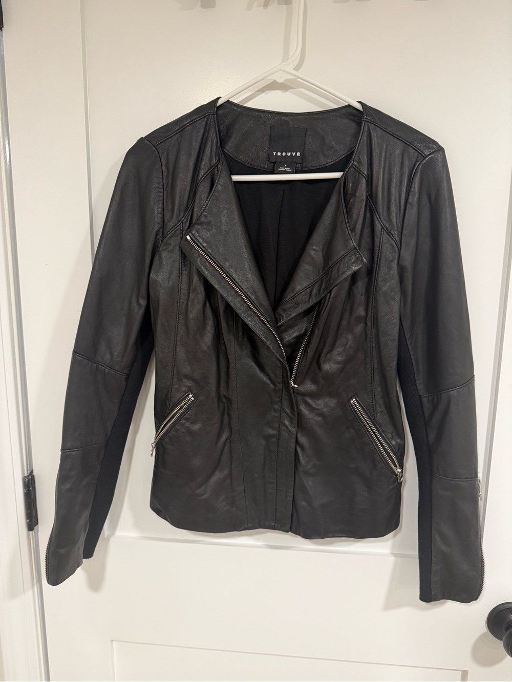 Trouve Black Leather Asymmetric Zip Jacket, Small